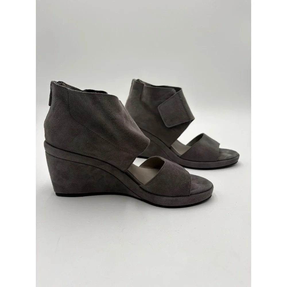 Eileen Fisher Womens Gray Suede Wedge Sandals Open Toe Back Zip Shoes Size 6 US